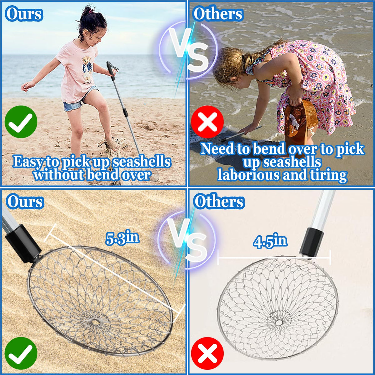 Sfcddtlg 2 Pack Beach Sand Sifter — Adjustable 22–35 in Shark Tooth Shell Scoop for Beachcombing