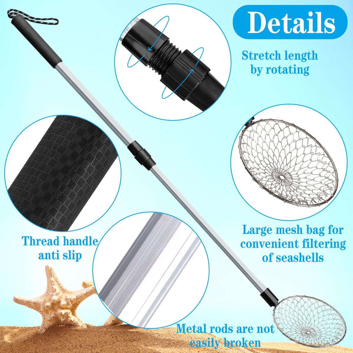 Sfcddtlg 2 Pack Beach Sand Sifter — Adjustable 22–35 in Shark Tooth Shell Scoop for Beachcombing