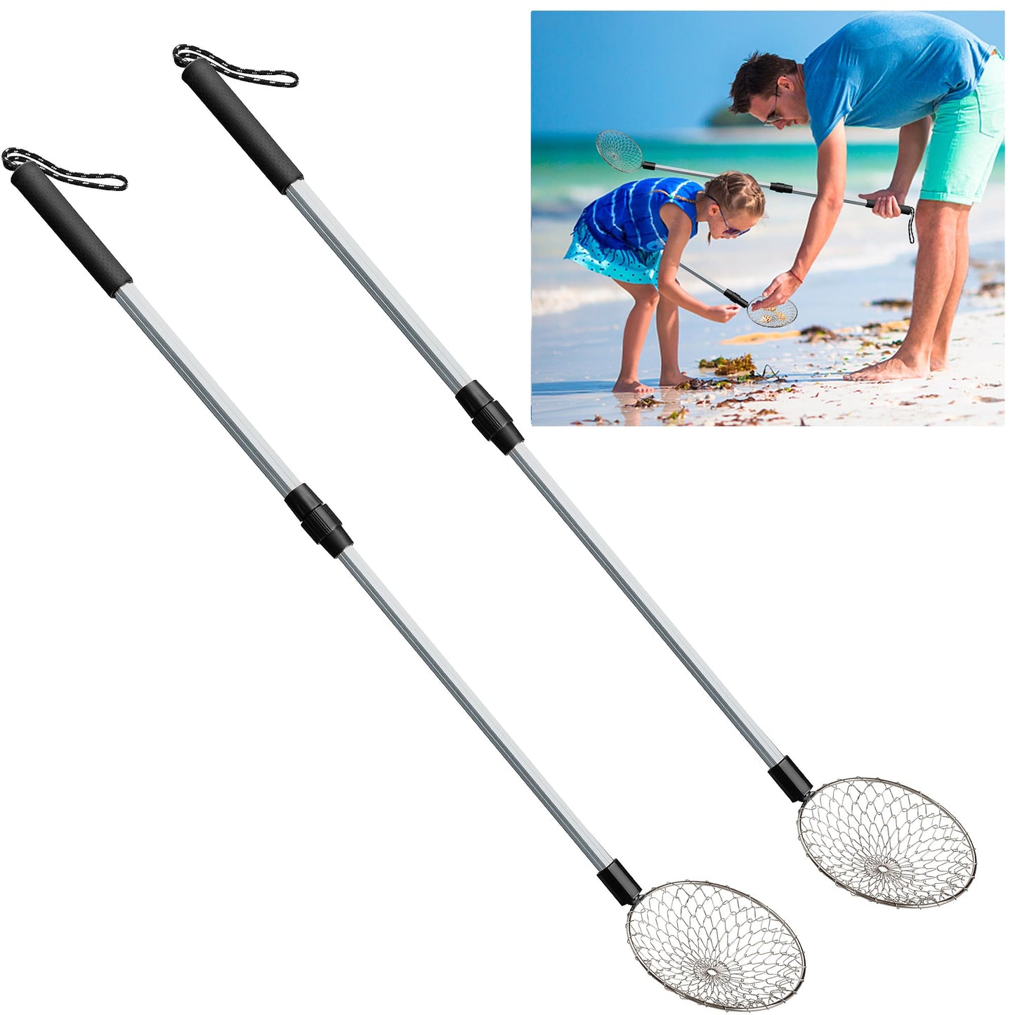 Sfcddtlg 2 Pack Beach Sand Sifter — Adjustable 22–35 in Shark Tooth Shell Scoop for Beachcombing