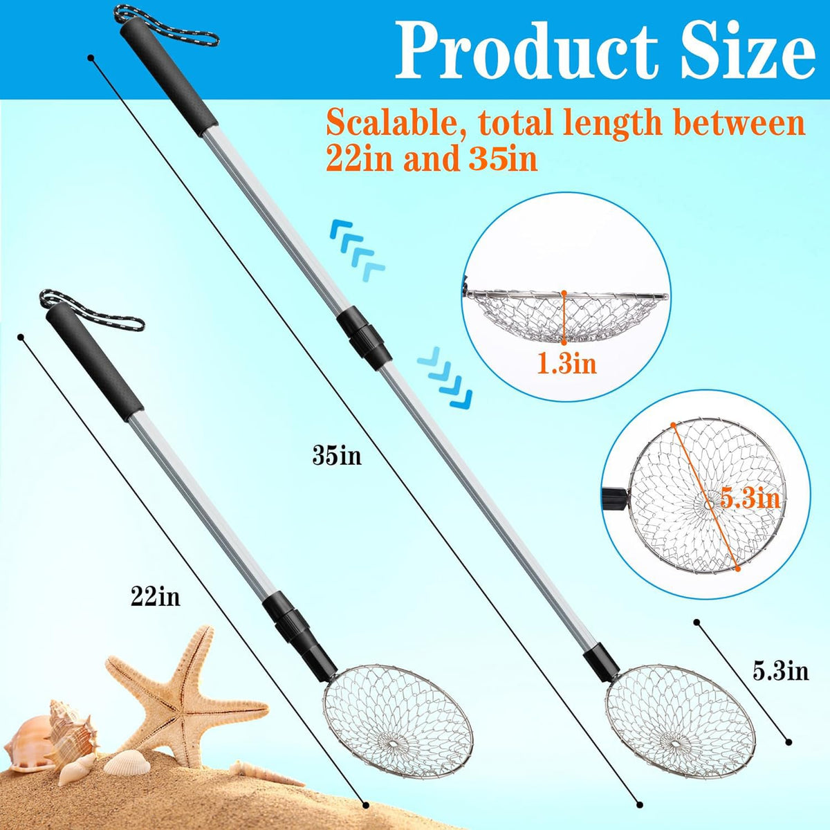 Sfcddtlg 2 Pack Beach Sand Sifter — Adjustable 22–35 in Shark Tooth Shell Scoop for Beachcombing