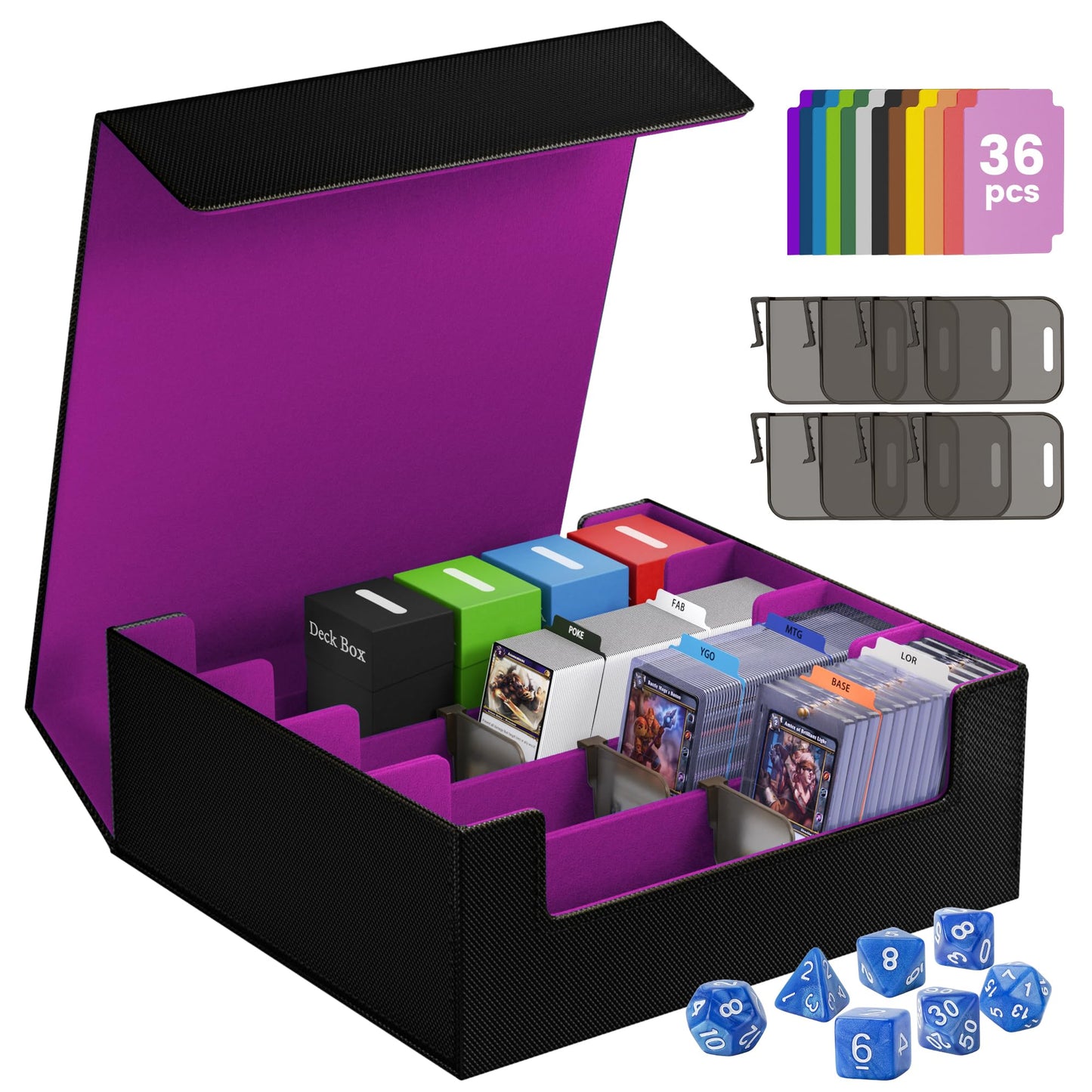 SFSOC 3500+ Trading Card Storage Box — 4-Row MTG Deck Box with 36 Dividers, 8 Stoppers, Magnetic Holder