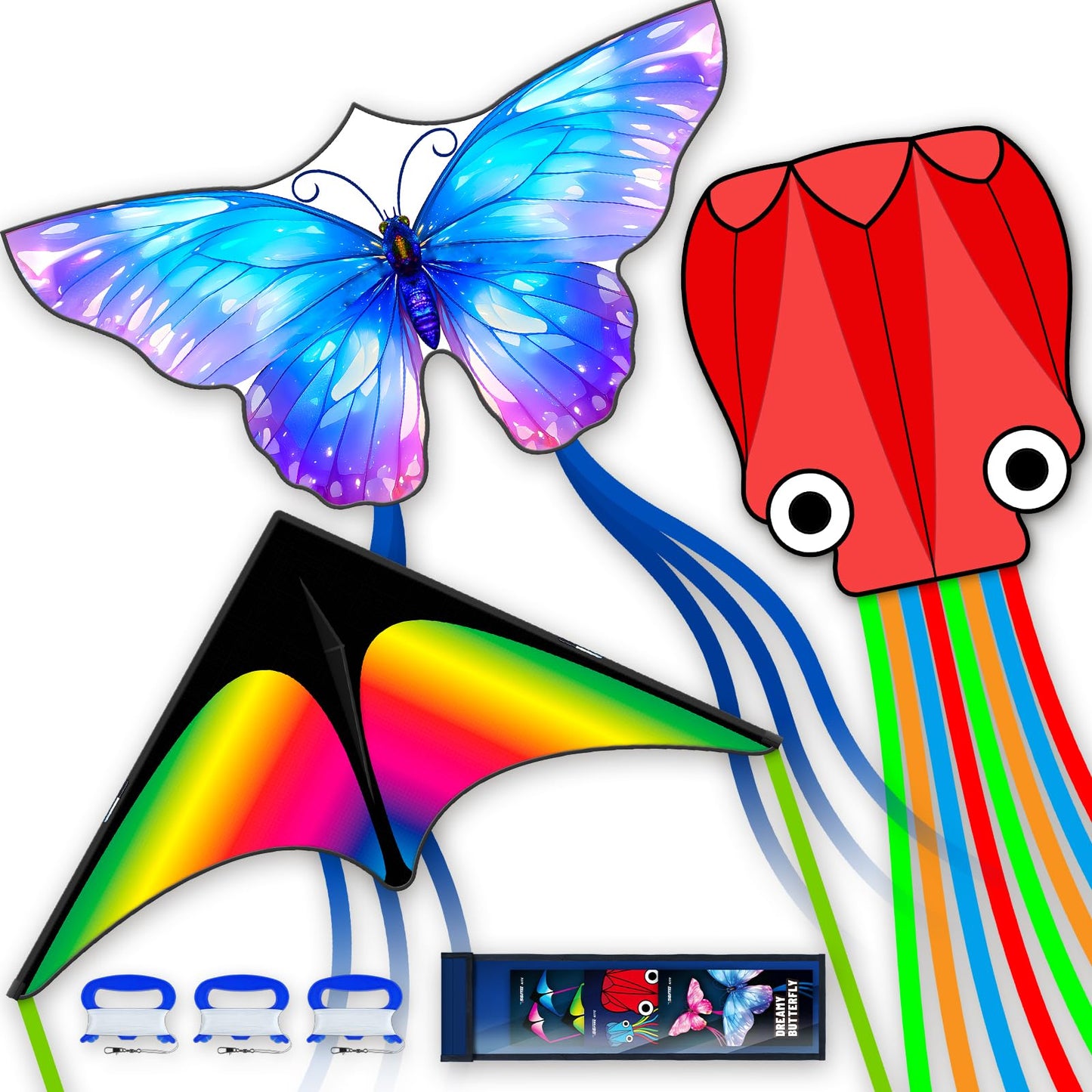 SGftre 3-Piece Delta Butterfly & Octopus Kite Set – Easy to Fly for Kids & Adults