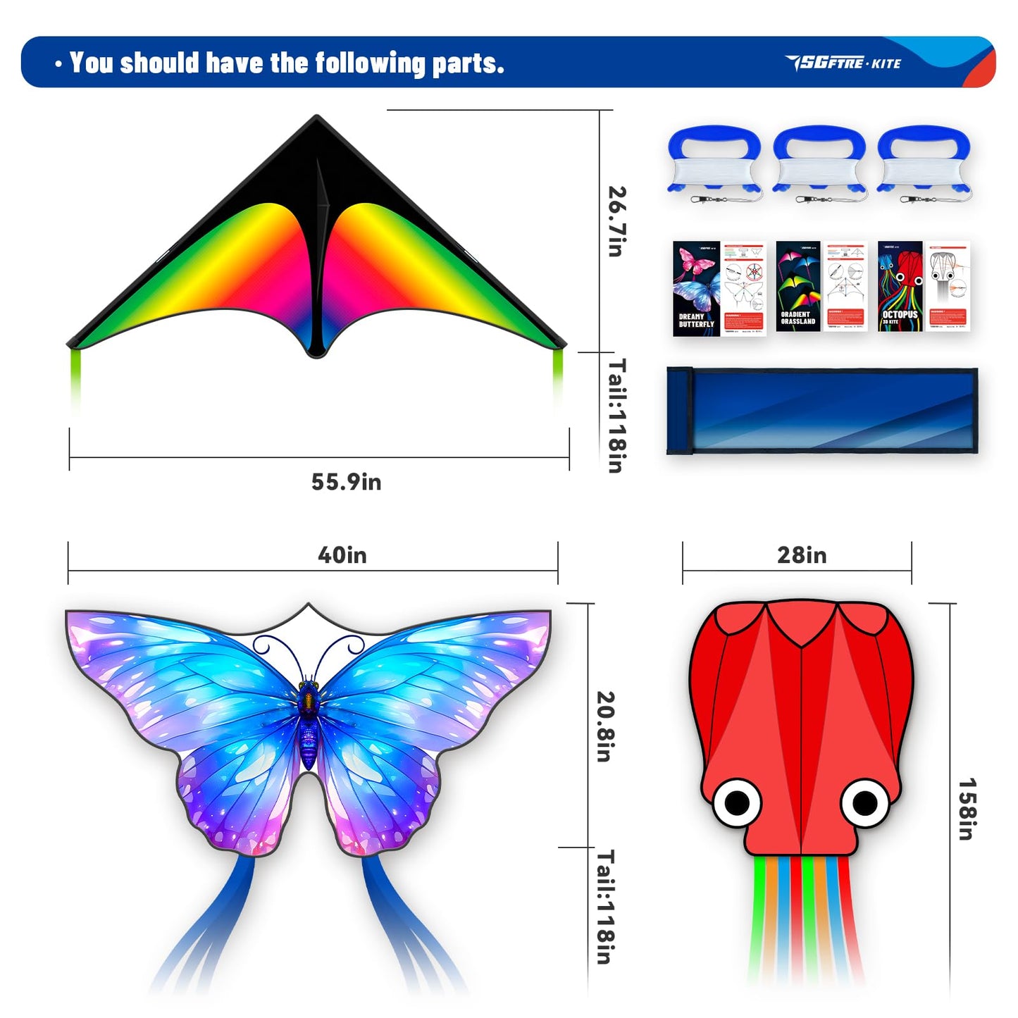 SGftre 3-Piece Delta Butterfly & Octopus Kite Set – Easy to Fly for Kids & Adults