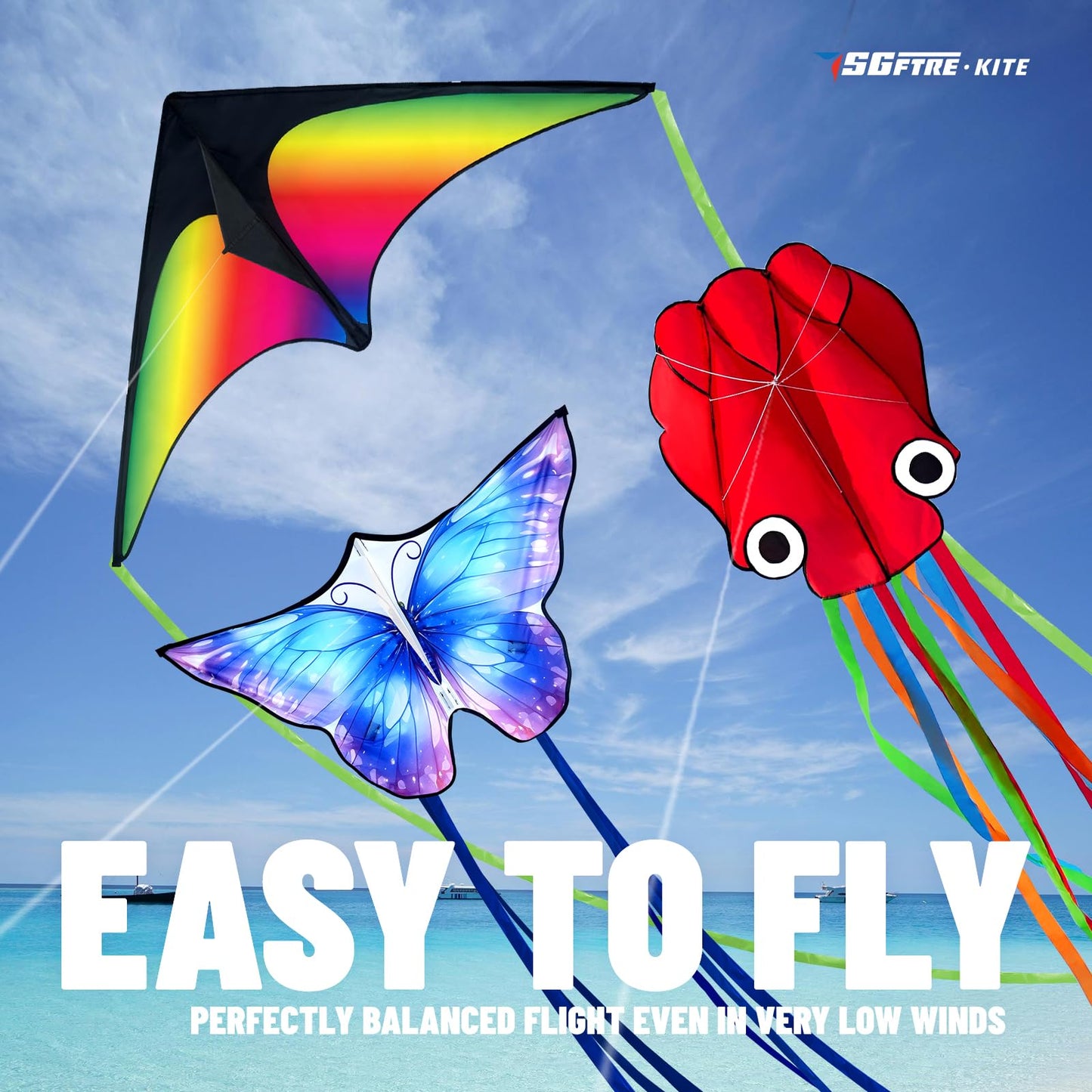 SGftre 3-Piece Delta Butterfly & Octopus Kite Set – Easy to Fly for Kids & Adults