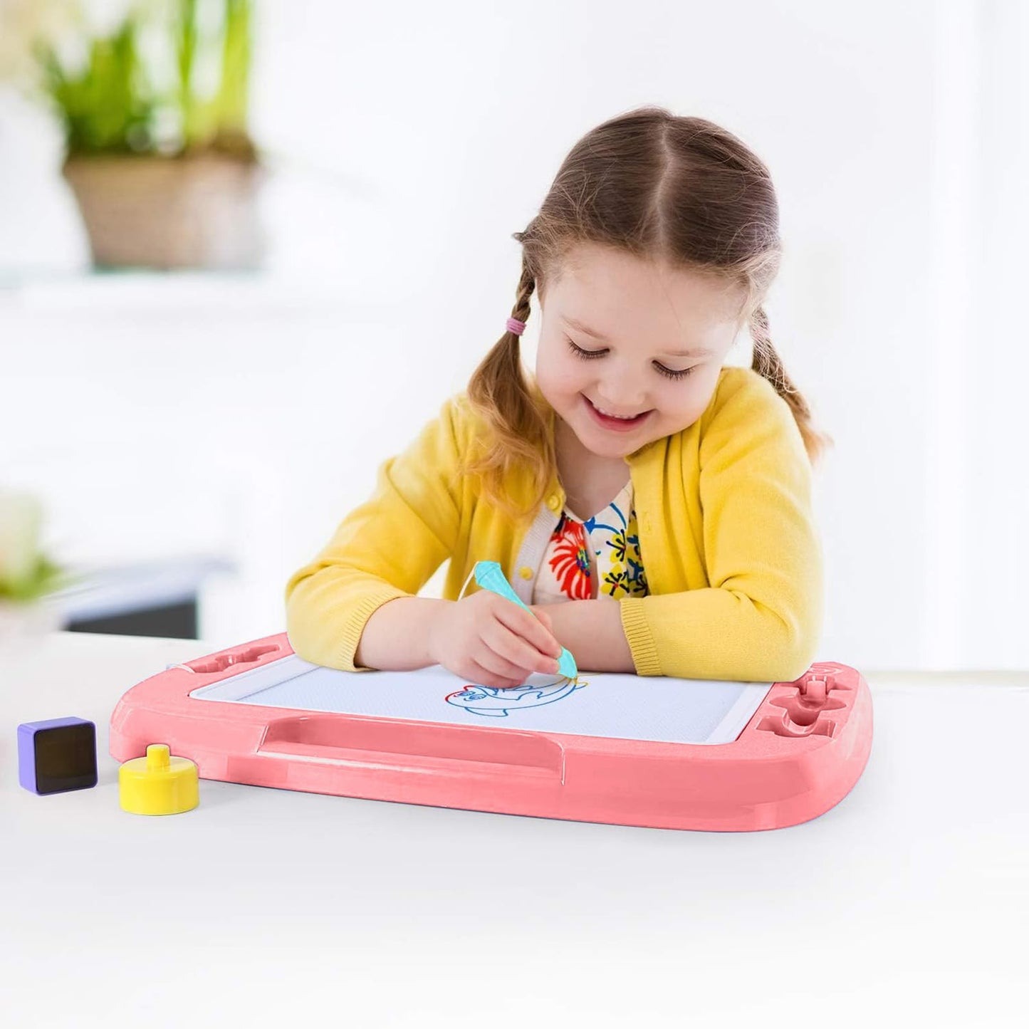 SGILE Large Magnetic Drawing Board for Kids – 16 x 13 in Pink with 4 Stamps