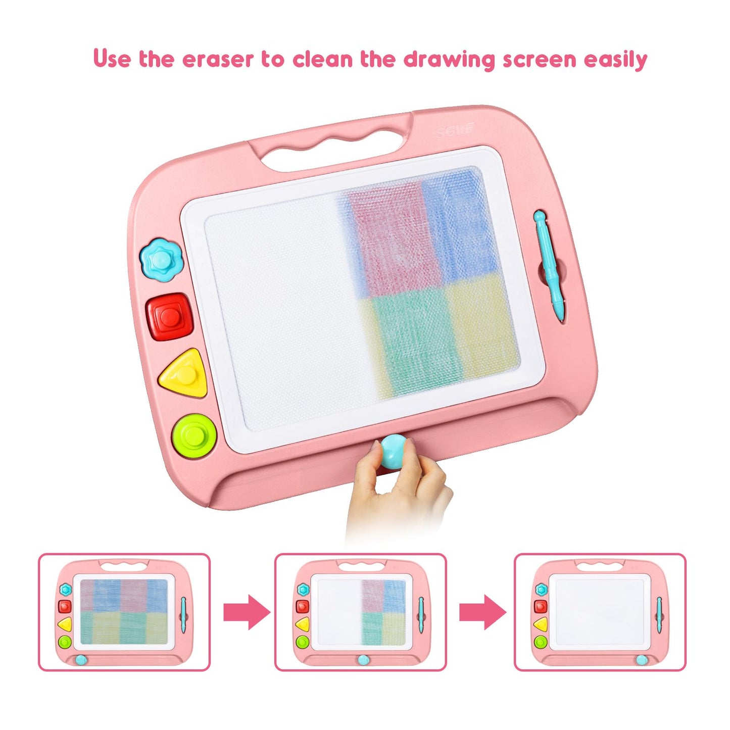 SGILE Large Magnetic Drawing Board for Kids – 16 x 13 in Pink with 4 Stamps