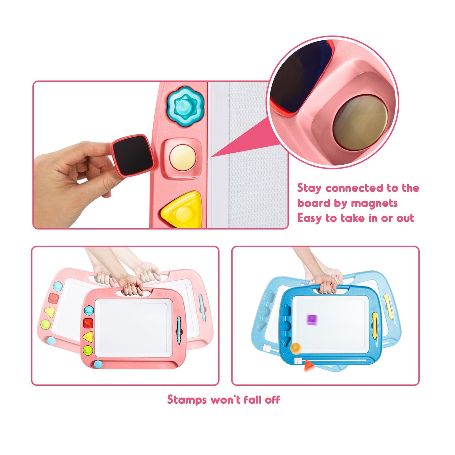 SGILE Large Magnetic Drawing Board for Kids – 16 x 13 in Pink with 4 Stamps