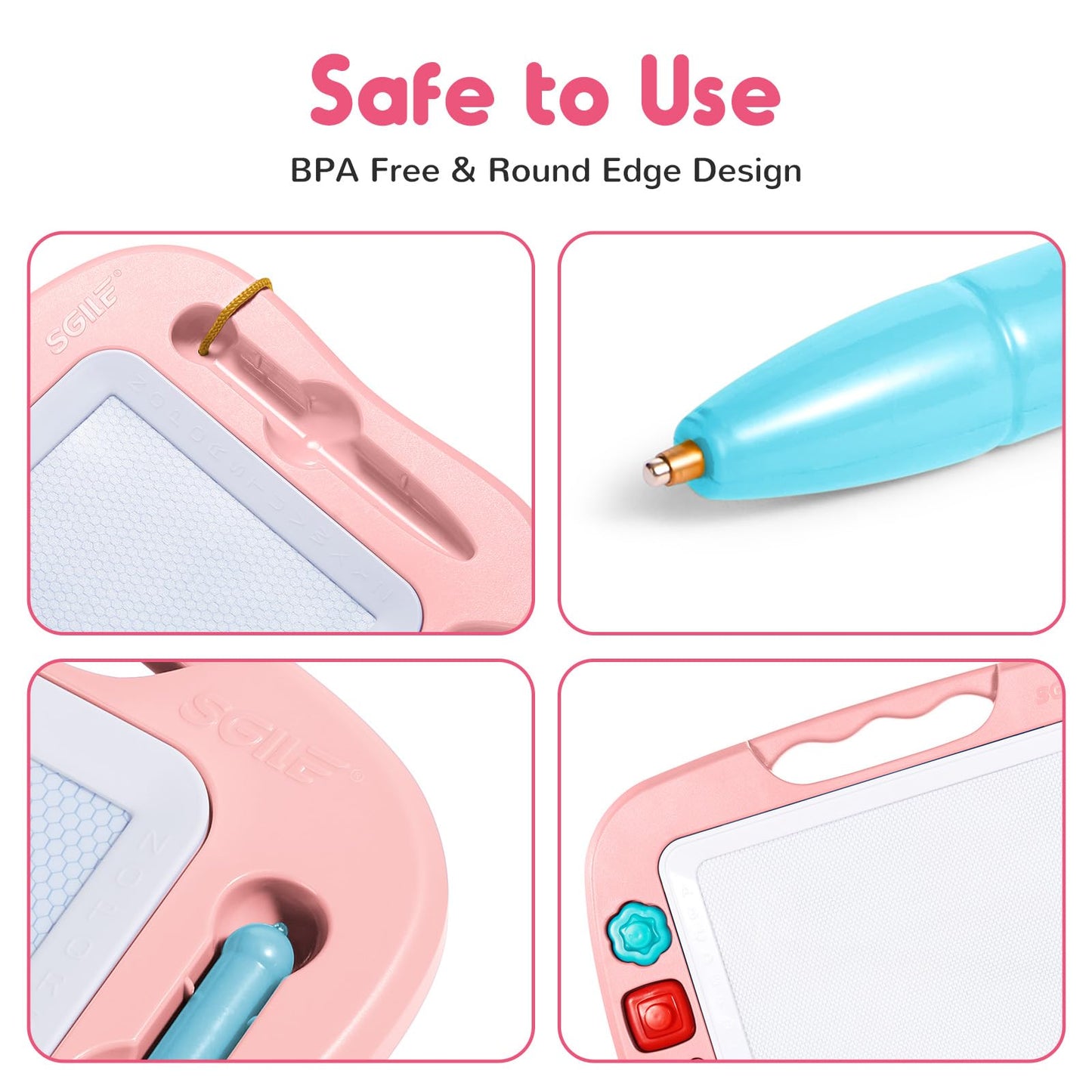 SGILE Large Magnetic Drawing Board for Kids – 16 x 13 in Pink with 4 Stamps