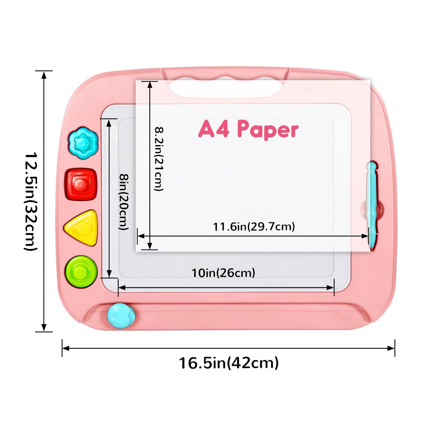 SGILE Large Magnetic Drawing Board for Kids – 16 x 13 in Pink with 4 Stamps