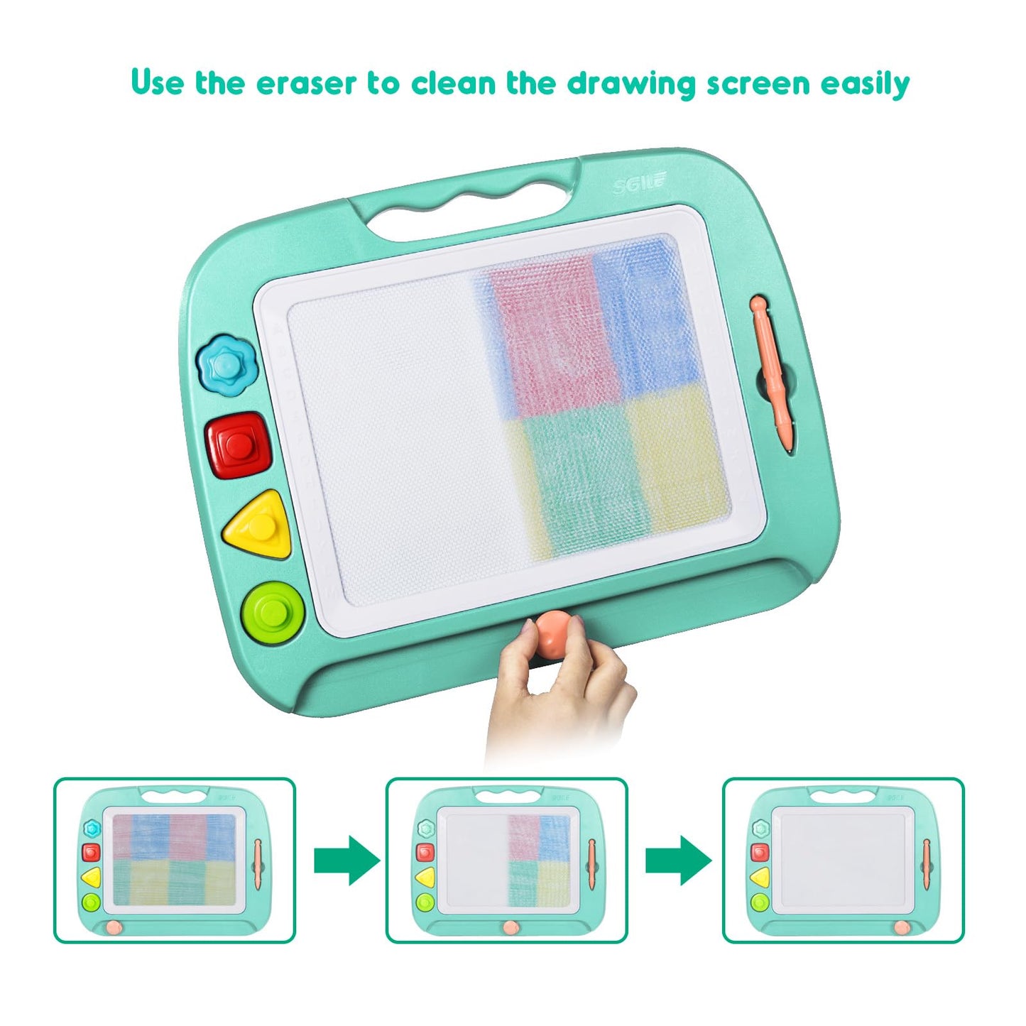 SGILE Large Magnetic Drawing Board for Kids | 16 x 13 in Etch & Sketch Pad with 4 Stamps | Safe, Non-BPA, Green