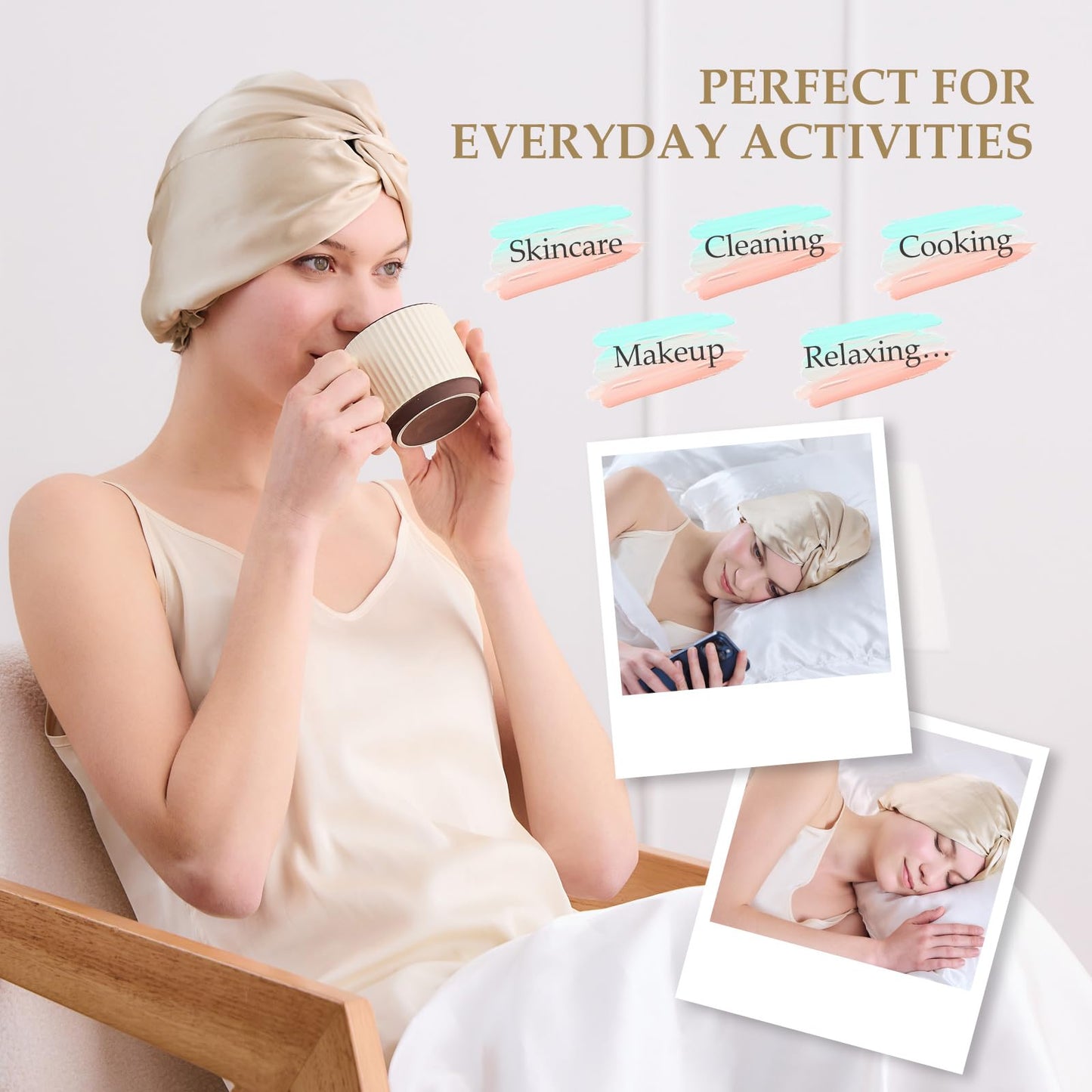 SGMSILK Silk Bonnet for Sleeping Women – 100% Mulberry Silk Sleep Cap with Elastic Band | Champagne