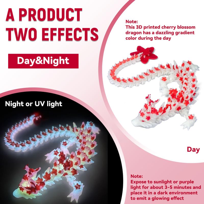 SGYYSG 3D Printed Cherry Blossom Dragon – 12-Inch Articulated Crystal Dragon Noctilucent Red