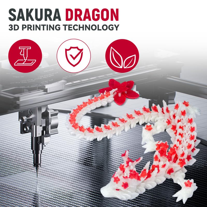 SGYYSG 3D Printed Cherry Blossom Dragon – 12-Inch Articulated Crystal Dragon Noctilucent Red