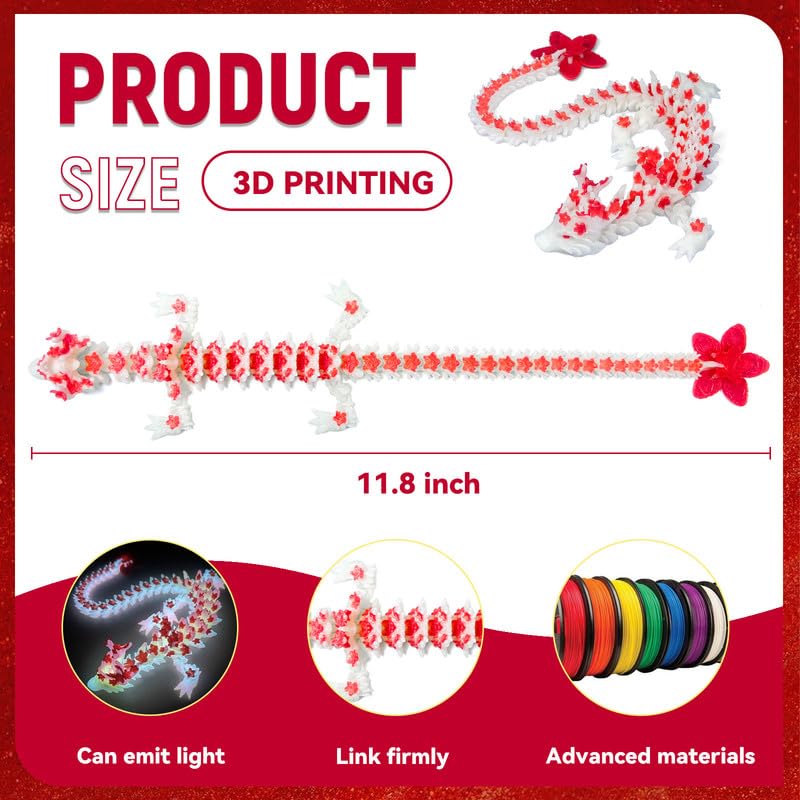 SGYYSG 3D Printed Cherry Blossom Dragon – 12-Inch Articulated Crystal Dragon Noctilucent Red
