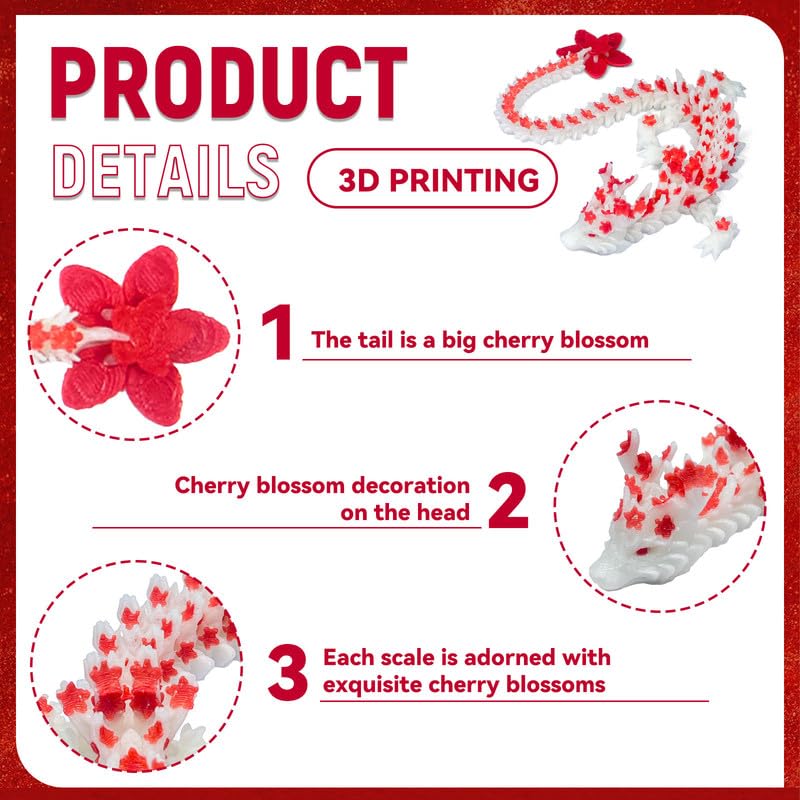 SGYYSG 3D Printed Cherry Blossom Dragon – 12-Inch Articulated Crystal Dragon Noctilucent Red