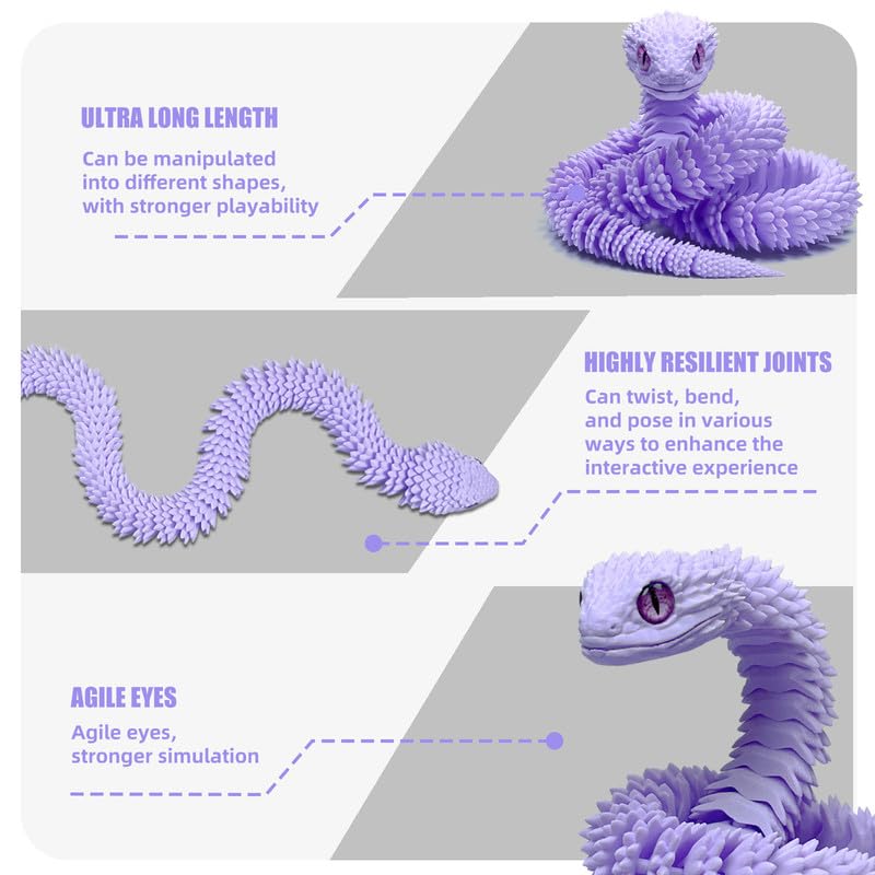 SGYYSG 3D Printed Snake - 24-Inch Movable Articulated Animal for Education and Decor (Purple)