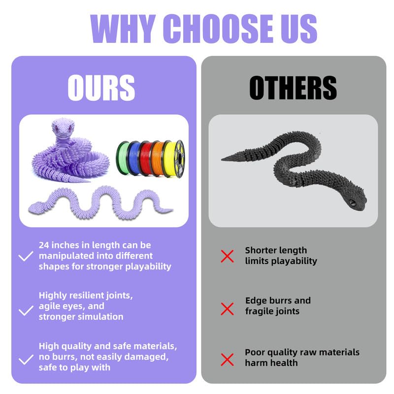 SGYYSG 3D Printed Snake - 24-Inch Movable Articulated Animal for Education and Decor (Purple)
