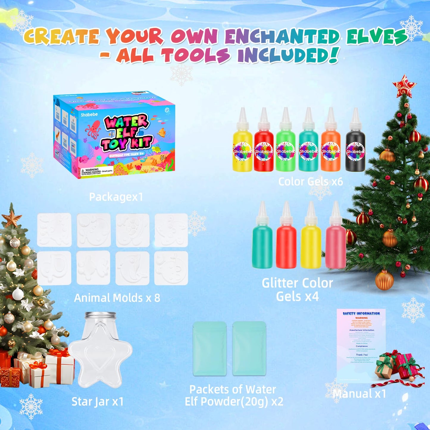 Shabebe Magic Water Elf Toy Kit – 10 Gels, 8 Sea Creature Molds, DIY Aqua Fairy Crafts for Kids 3+