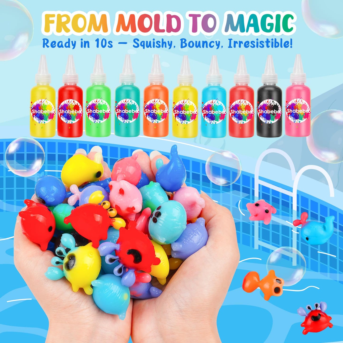 Shabebe Magic Water Elf Toy Kit – 10 Gels, 8 Sea Creature Molds, DIY Aqua Fairy Crafts for Kids 3+