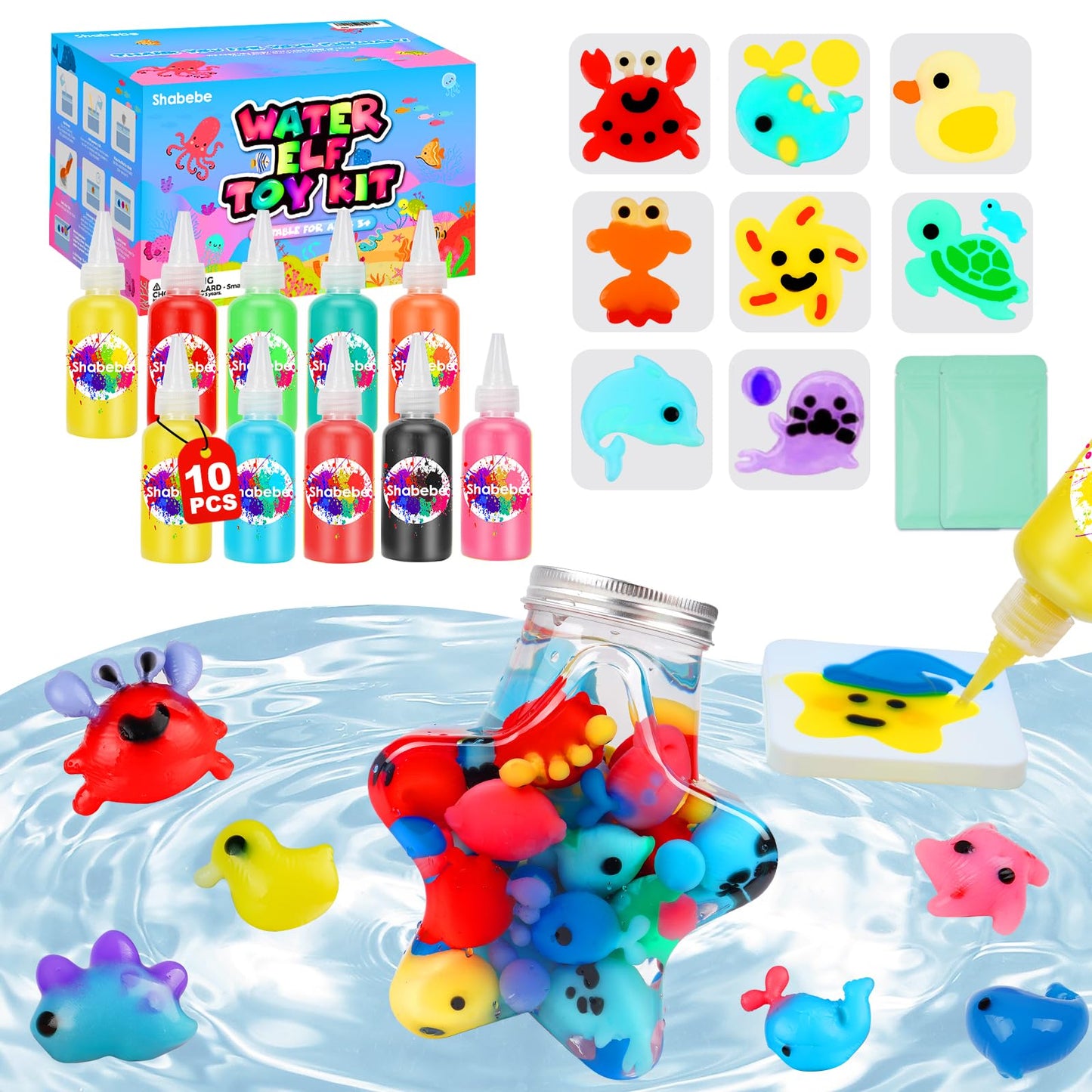 Shabebe Magic Water Elf Toy Kit – 10 Gels, 8 Sea Creature Molds, DIY Aqua Fairy Crafts for Kids 3+