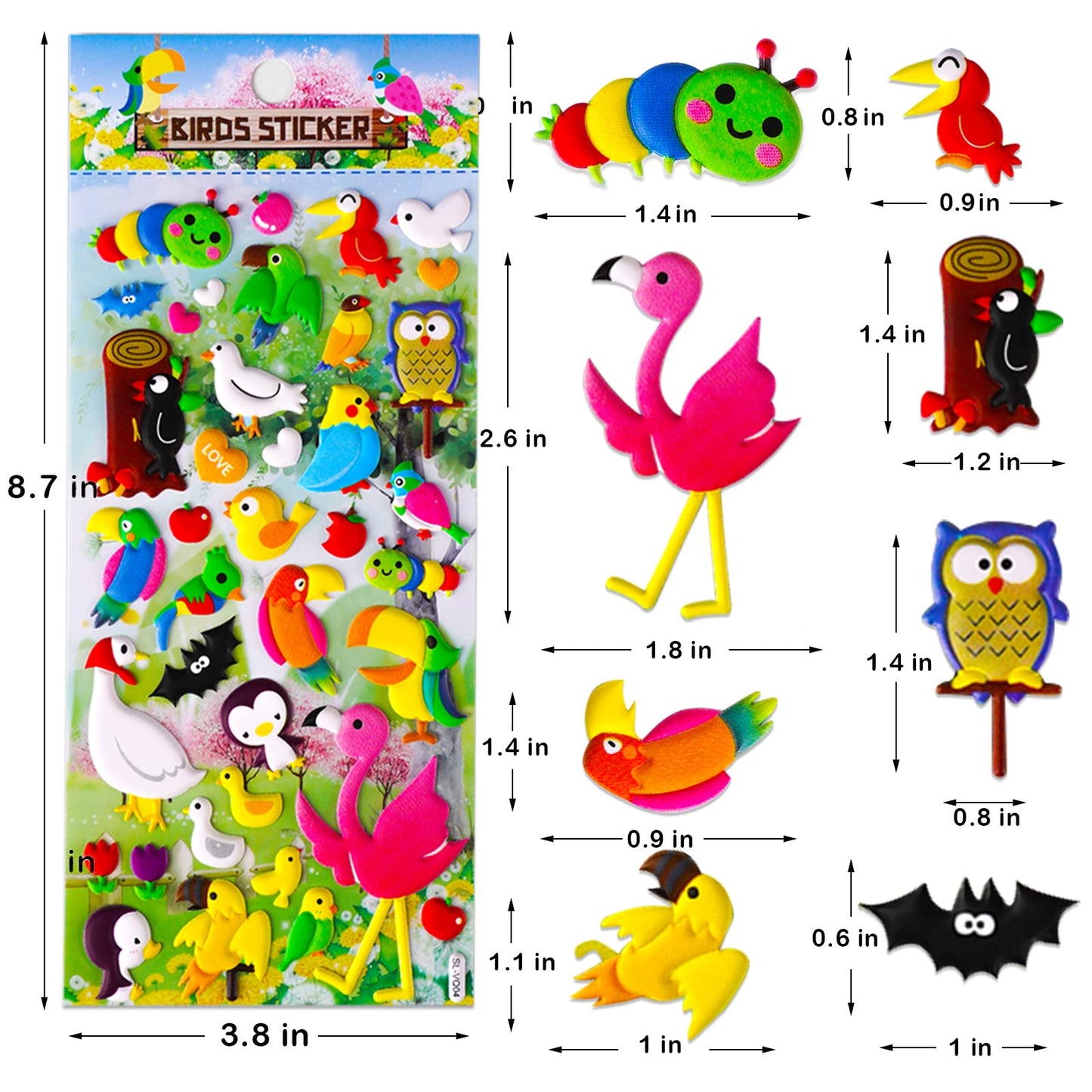SHANGRLA 3D Puffy Bird Stickers – 4 Pack, Self-Adhesive Foam for Kids’ Crafts, Scrapbooking, Laptop & Decor