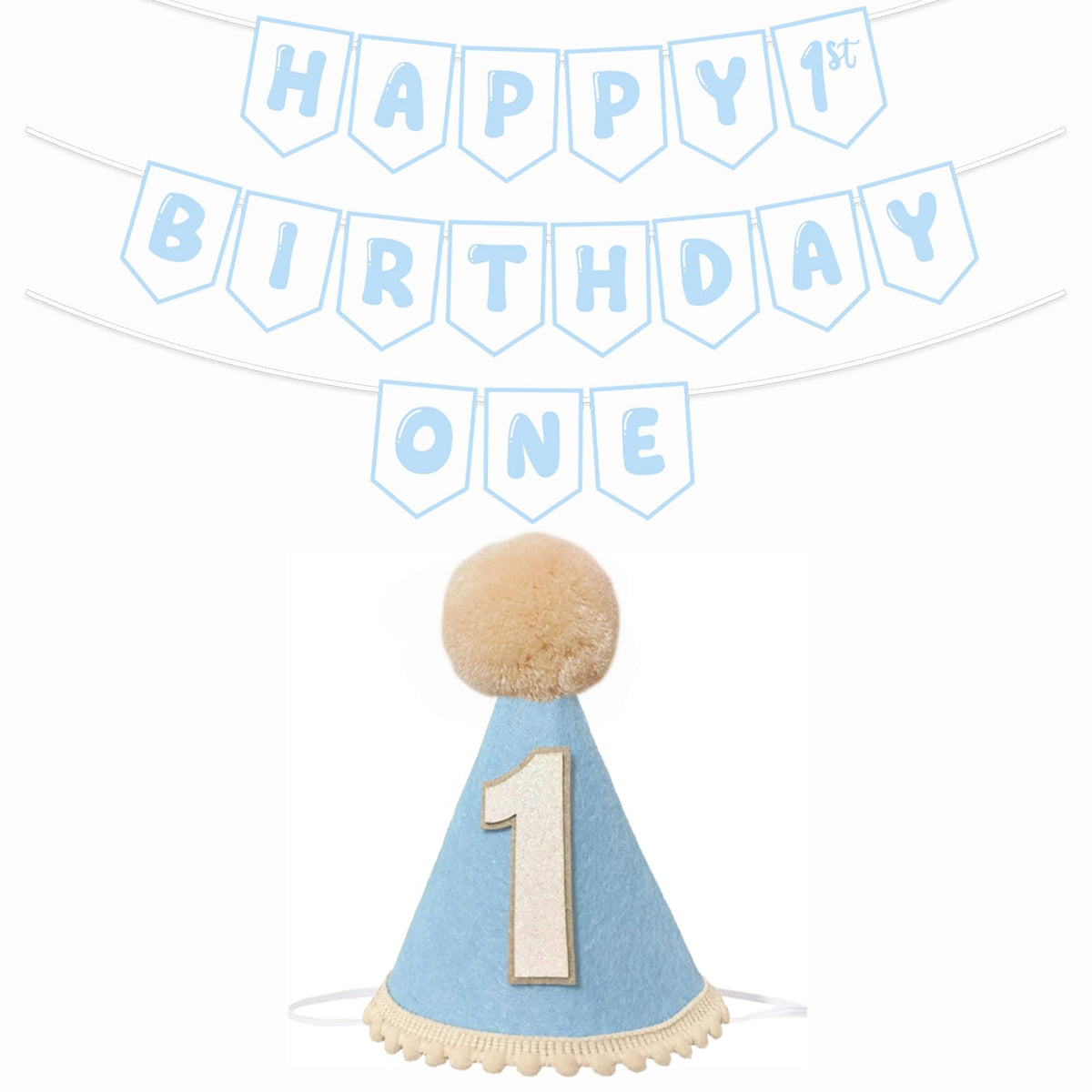 Shanmorine First Birthday Decorations for Boy – Blue Hat & Pre-Strung 1st Birthday Banner