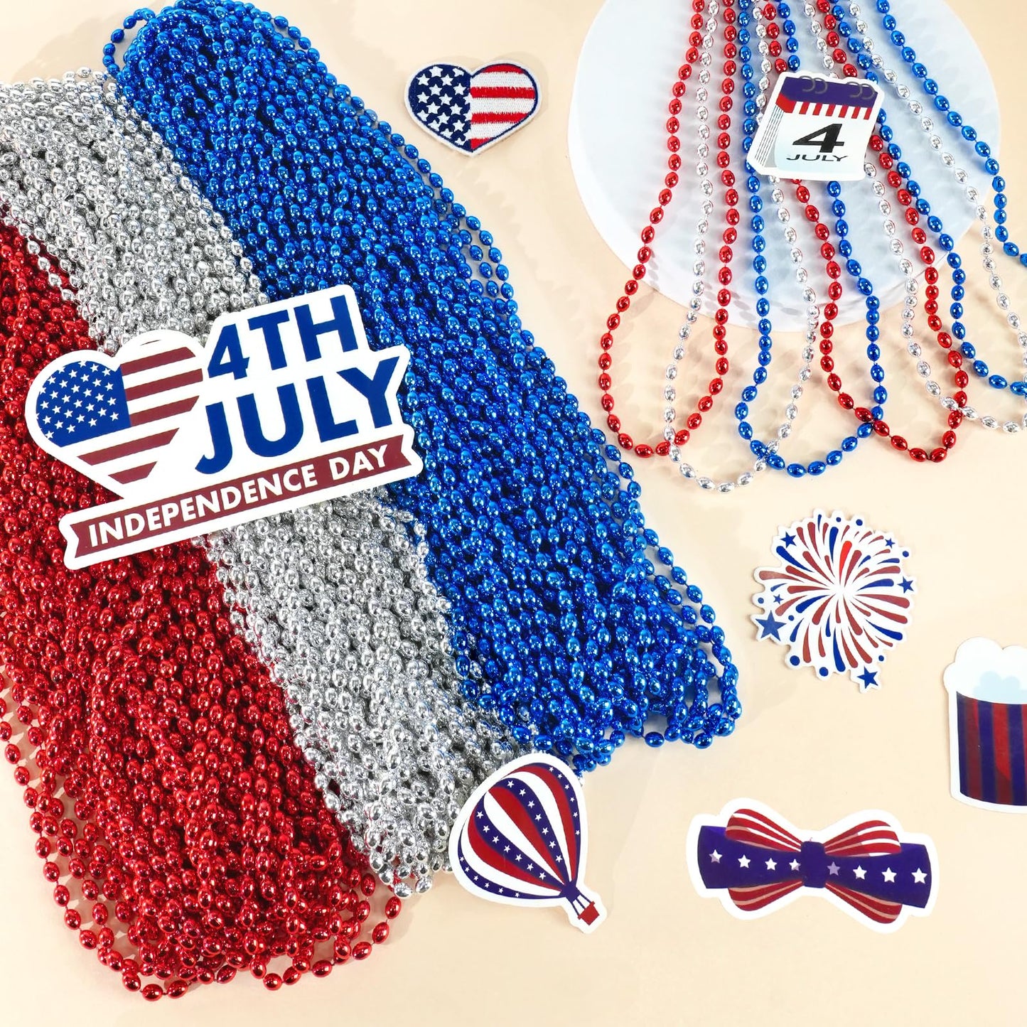 SHAOQINLIN 100 PCS Patriotic Bead Necklaces – 30.5-Inch Red Blue Silver Oval Beads