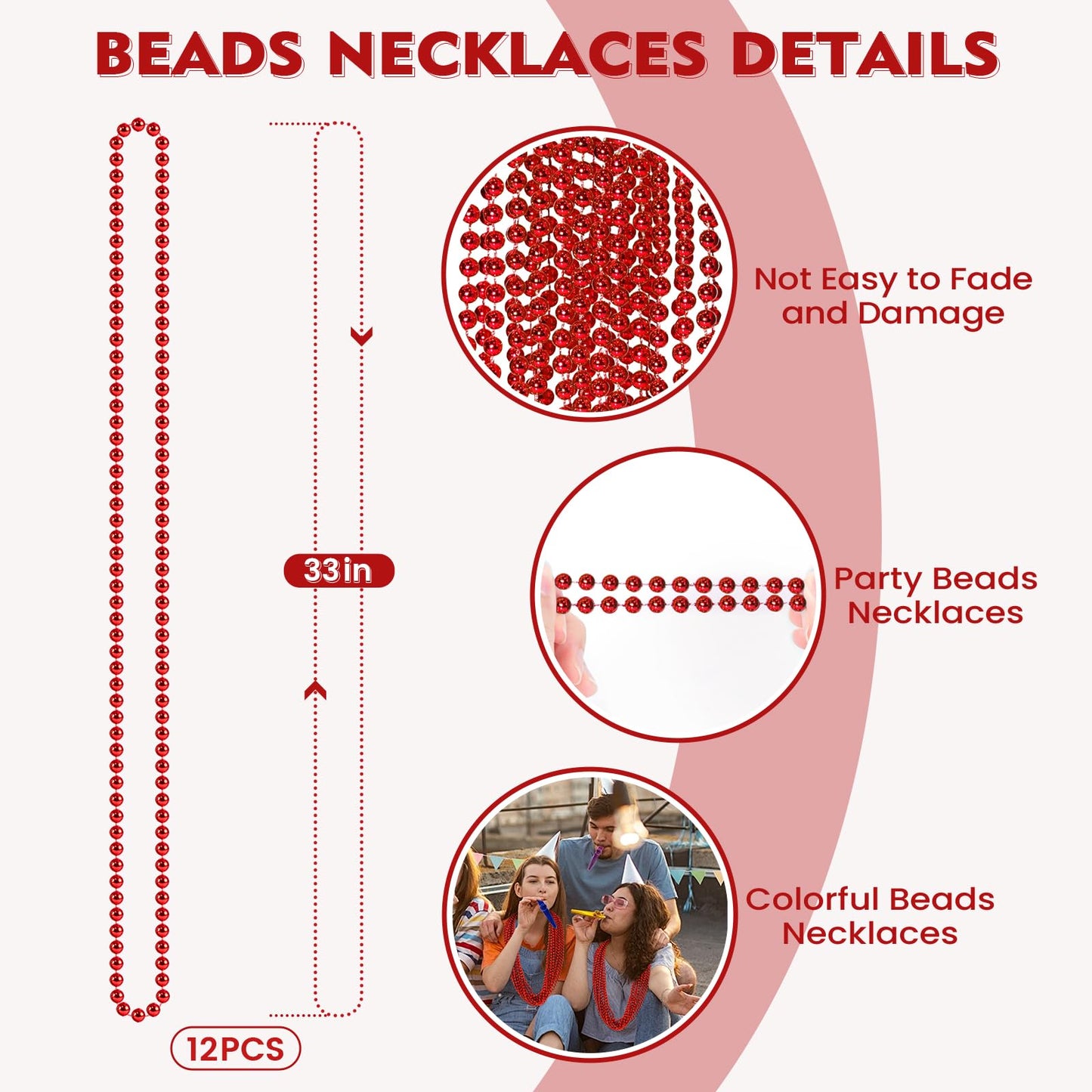 SHAOQINLIN 12 Pack Red Mardi Gras Beads – 33-inch Metallic Party Necklaces