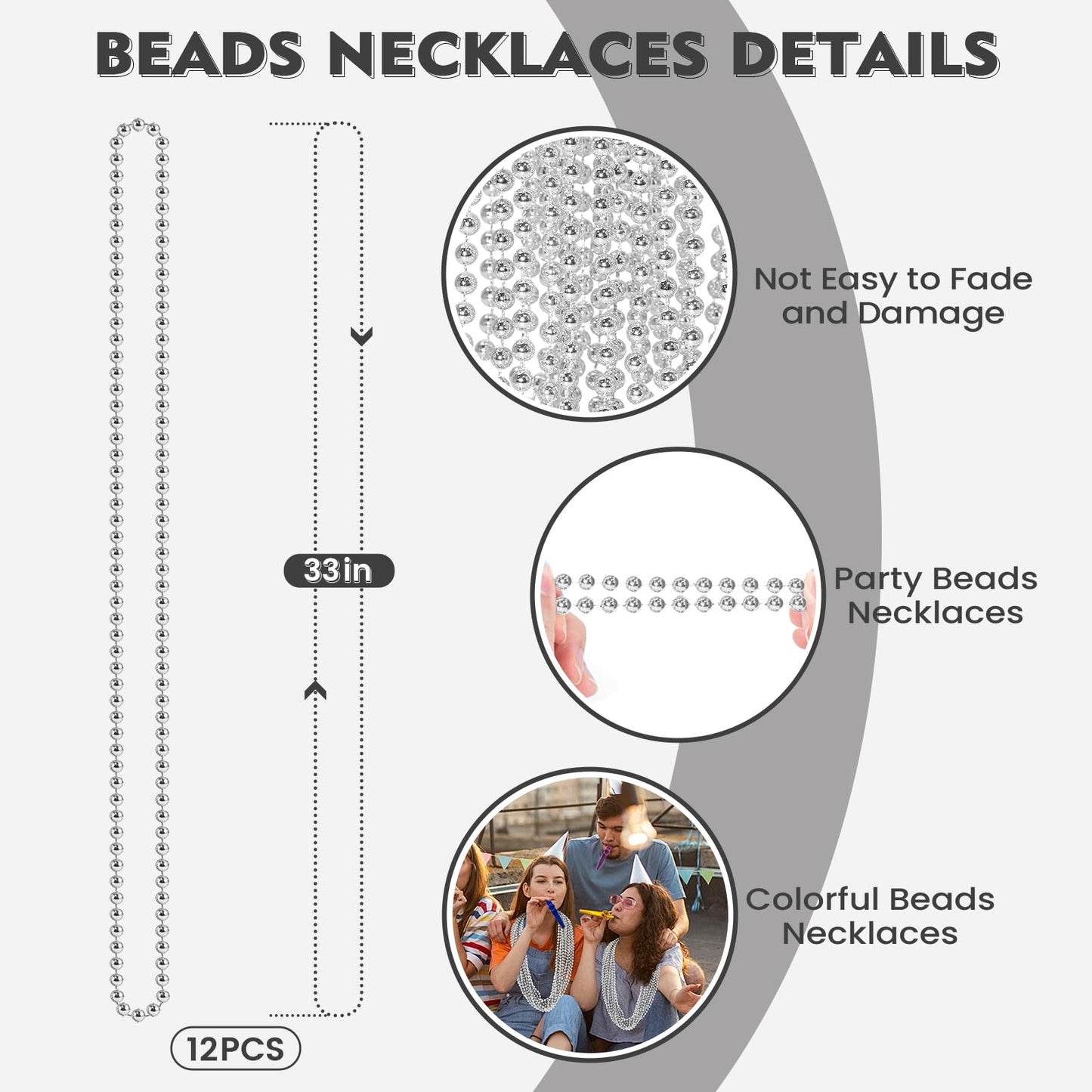 SHAOQINLIN 12-Pack Silver Mardi Gras Beads, 33-Inch Metallic Patriotic Necklaces – Parade & Holiday Favors
