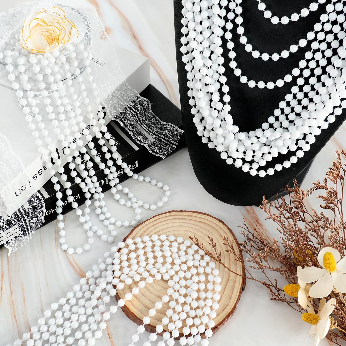 SHAOQINLIN 100-Pcs White Bead Necklaces – 33in Mardi Gras Beads for Holidays and Parades