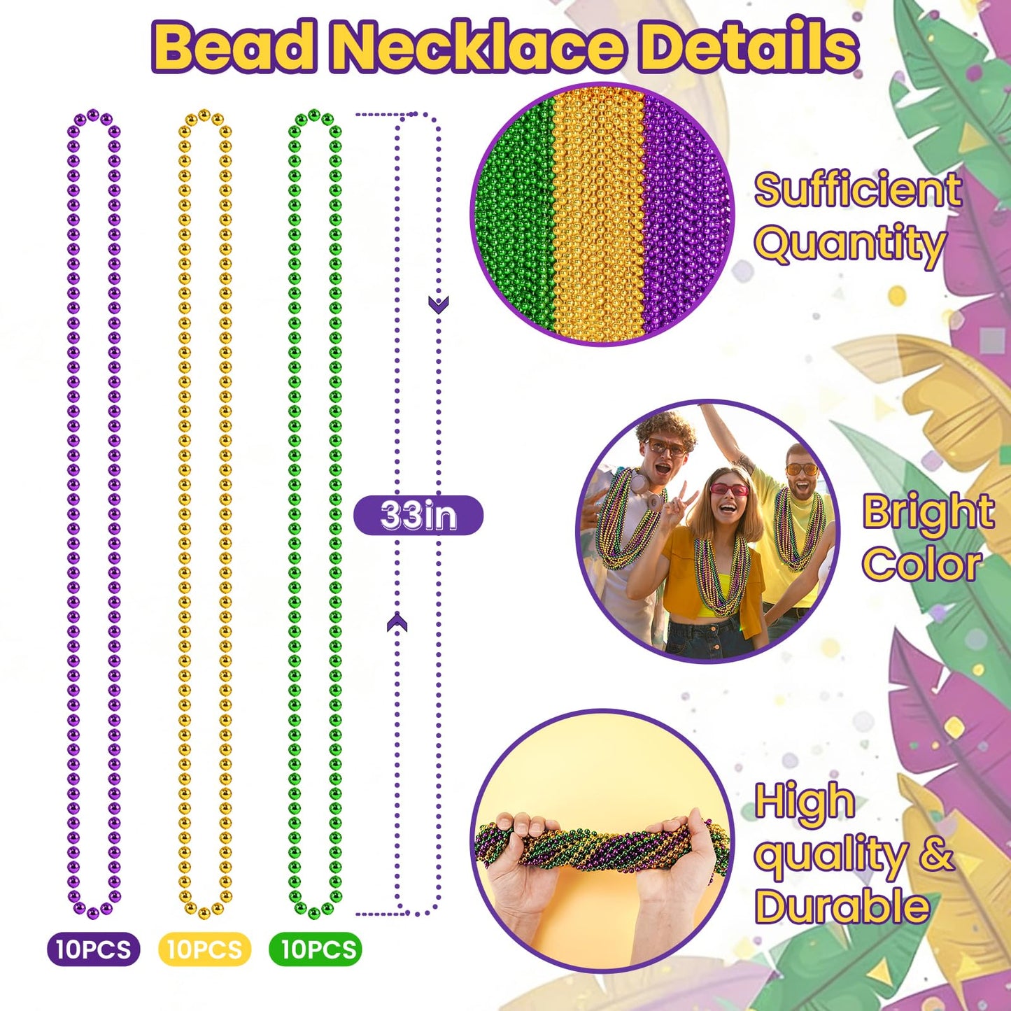 SHAOQINLIN 30PCS Mardi Gras Beads – 33'' Metallic Purple Green Gold Necklaces Bulk for Parades, Costumes & Party Decor