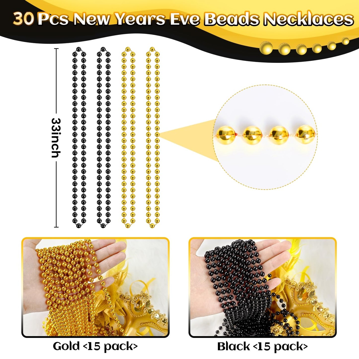 SHAOQINLIN 30 PCS Gold & Black New Year Necklaces – 33 Inch Beads for Festive Parties