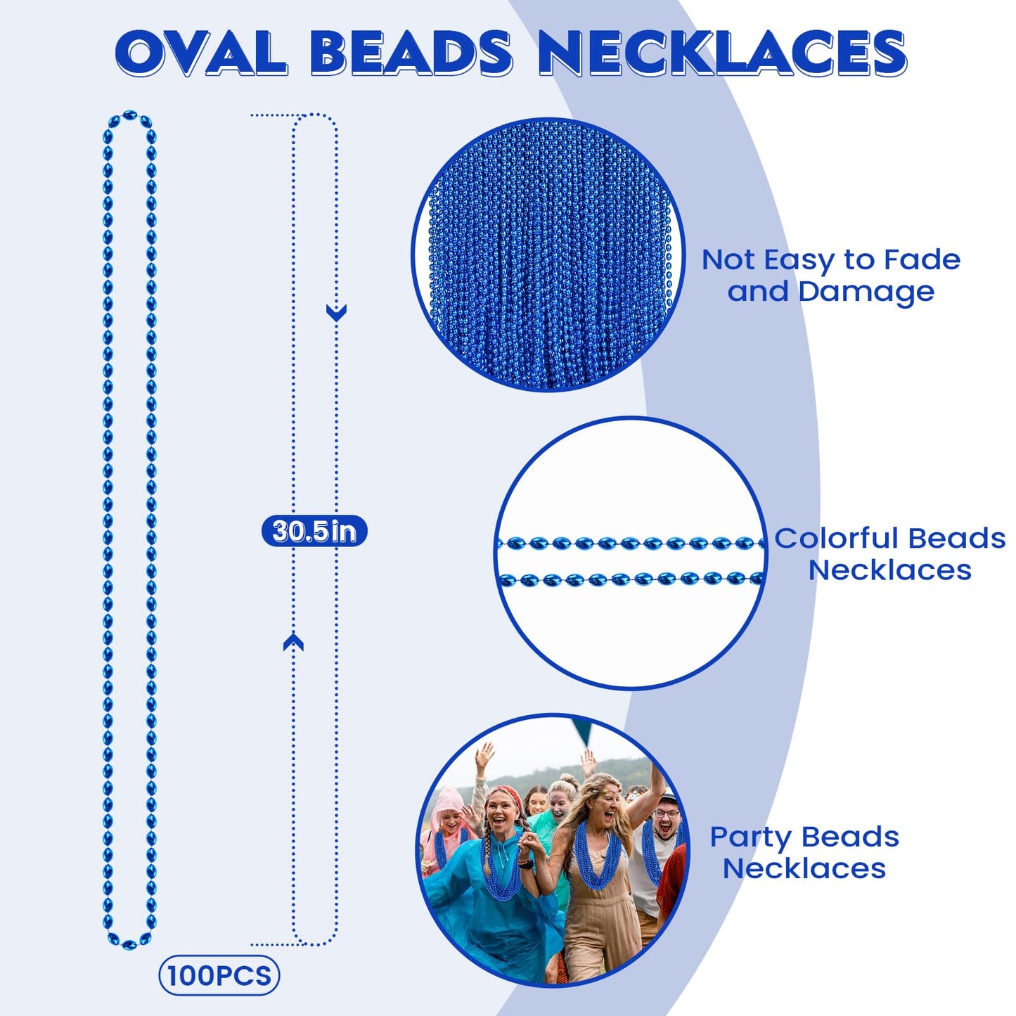 SHAOQINLIN 100 PCS Blue Bead Necklace Set – Oval Beads, 30.5-Inch Parade Throws for Mardi Gras, 4th of July & Christmas