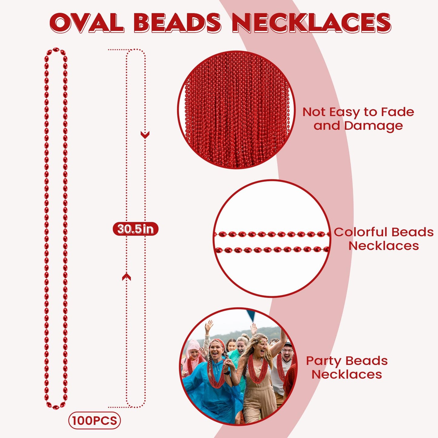 SHAOQINLIN 100 Pcs Red Mardi Gras Beads - 30.5-Inch Oval Beads Necklaces for Parties, Weddings, Holidays