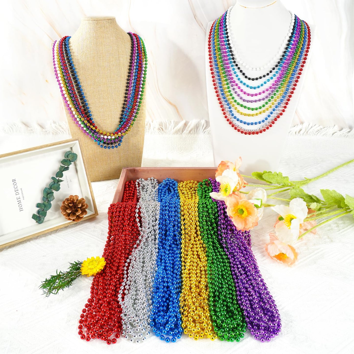 SHAOQINLIN 100 Pcs Mardi Gras Beads Necklaces – 10 Colors, 33-Inch Bulk Party Beads