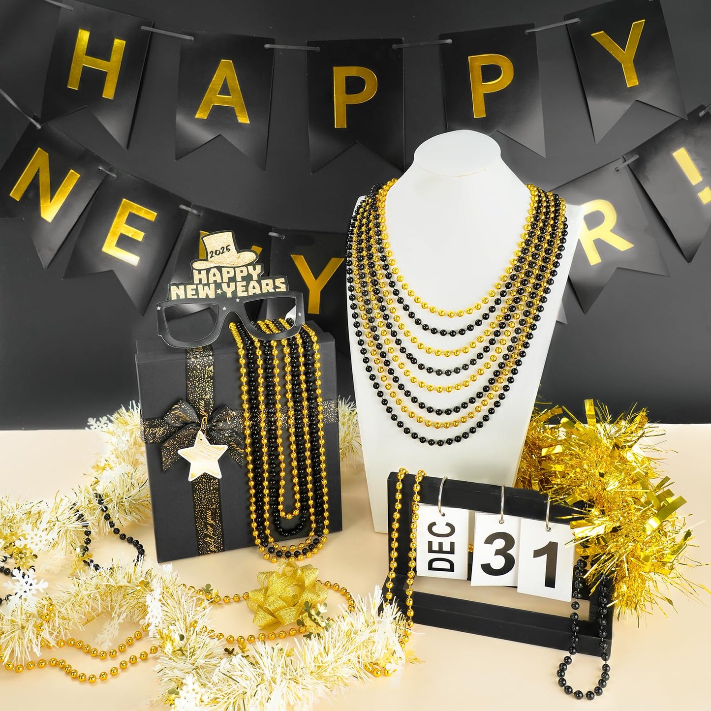SHAOQINLIN 30 PCS Gold & Black New Year Necklaces – 33 Inch Beads for Festive Parties