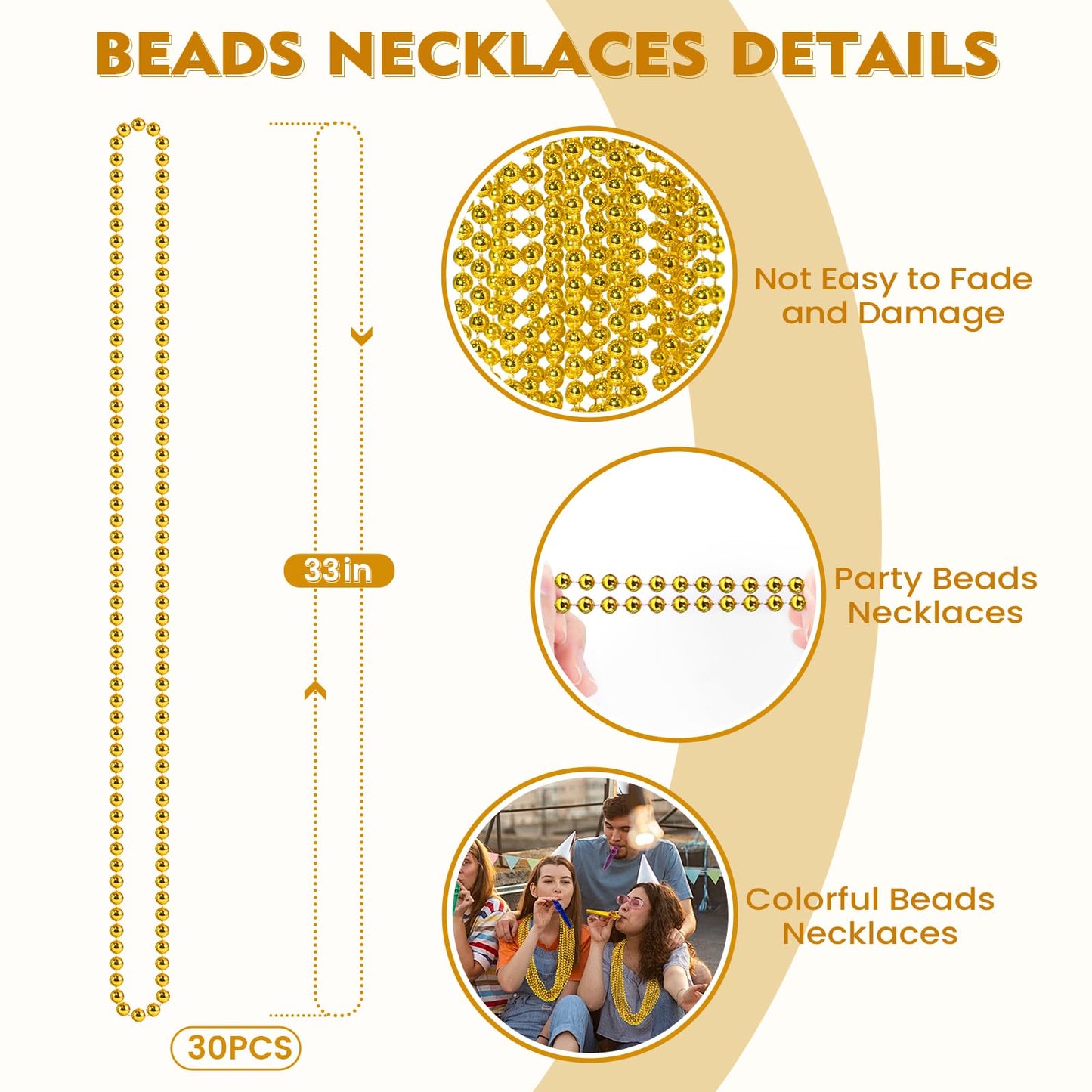 SHAOQINLIN 30 PCS Gold Bead Necklaces – 33-inch Mardi Gras Beads for Parties & Parades