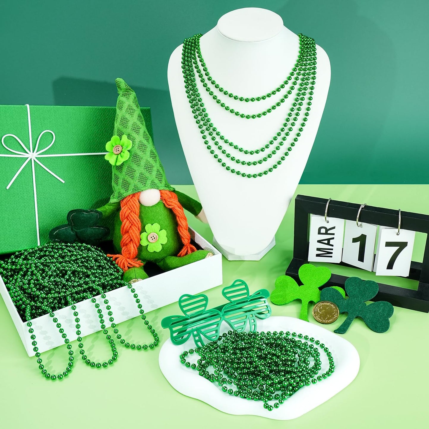 SHAOQINLIN 12 PCS Green Bead Necklaces – 33" Mardi Gras & St. Patrick's Day Party Beads