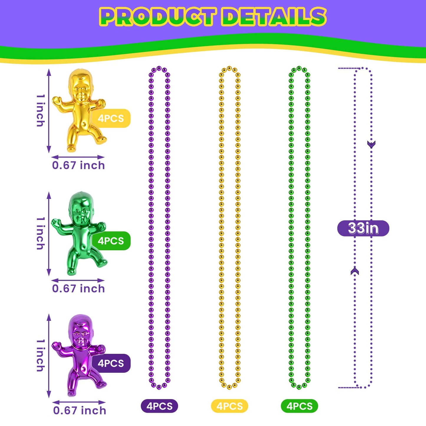 SHAOQINLIN Mardi Gras Beads & King Cake Babies Set – 33'' Necklaces + 12 Mini Babies