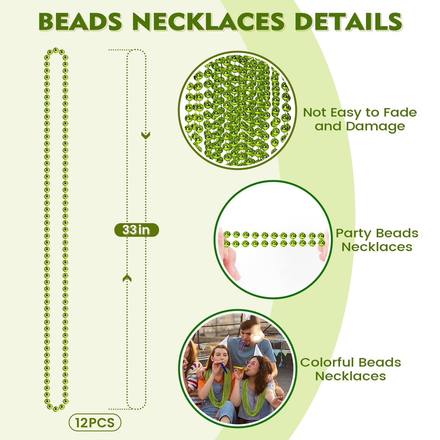 SHAOQINLIN 12 PCS St Patrick's Day Bead Necklace, 33 Inch Light Green Mardi Gras Beads for Parties