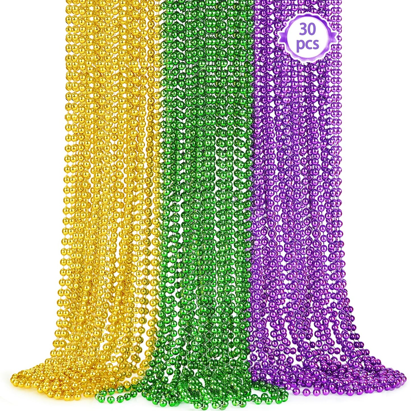 SHAOQINLIN 30PCS Mardi Gras Beads – 33'' Metallic Purple Green Gold Necklaces Bulk for Parades, Costumes & Party Decor
