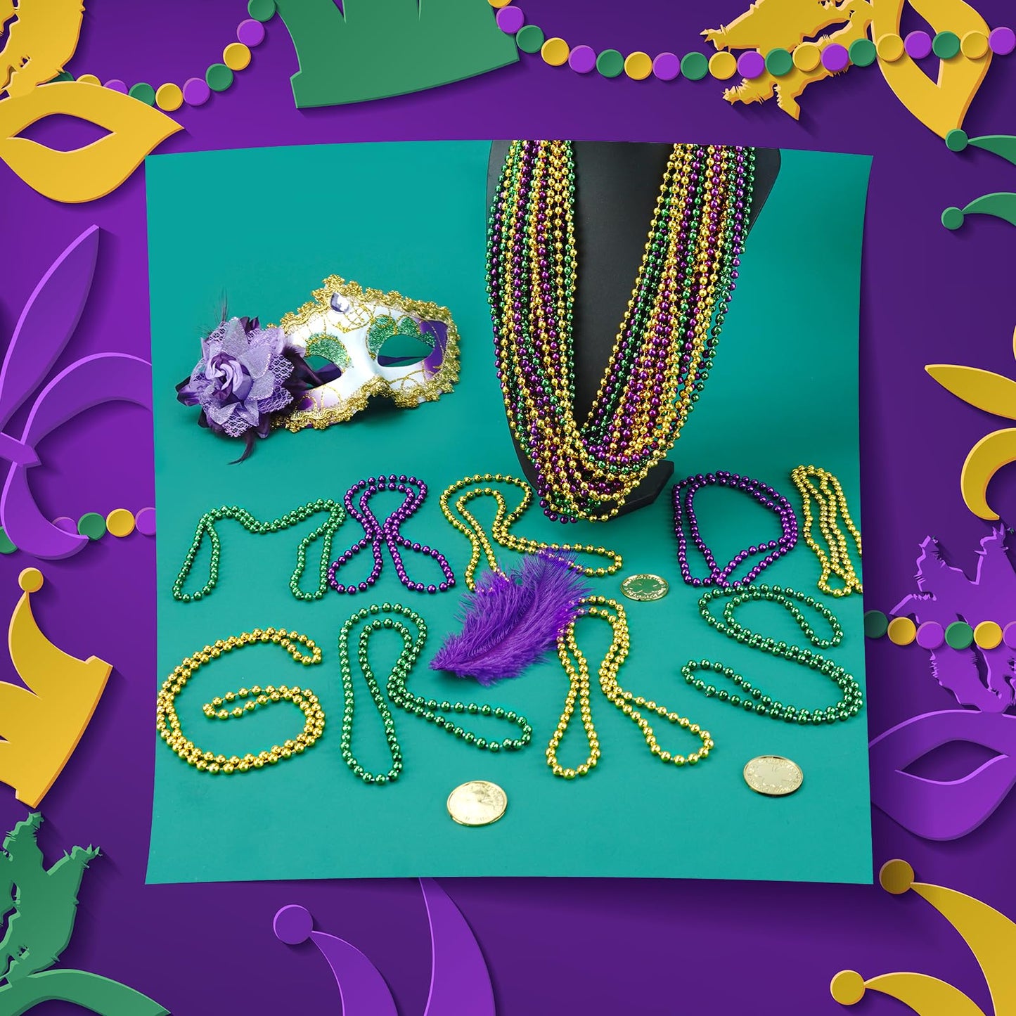 SHAOQINLIN 102 PCS Mardi Gras Beads – 33-inch Gold Green Purple Necklaces Bulk Parade Favors