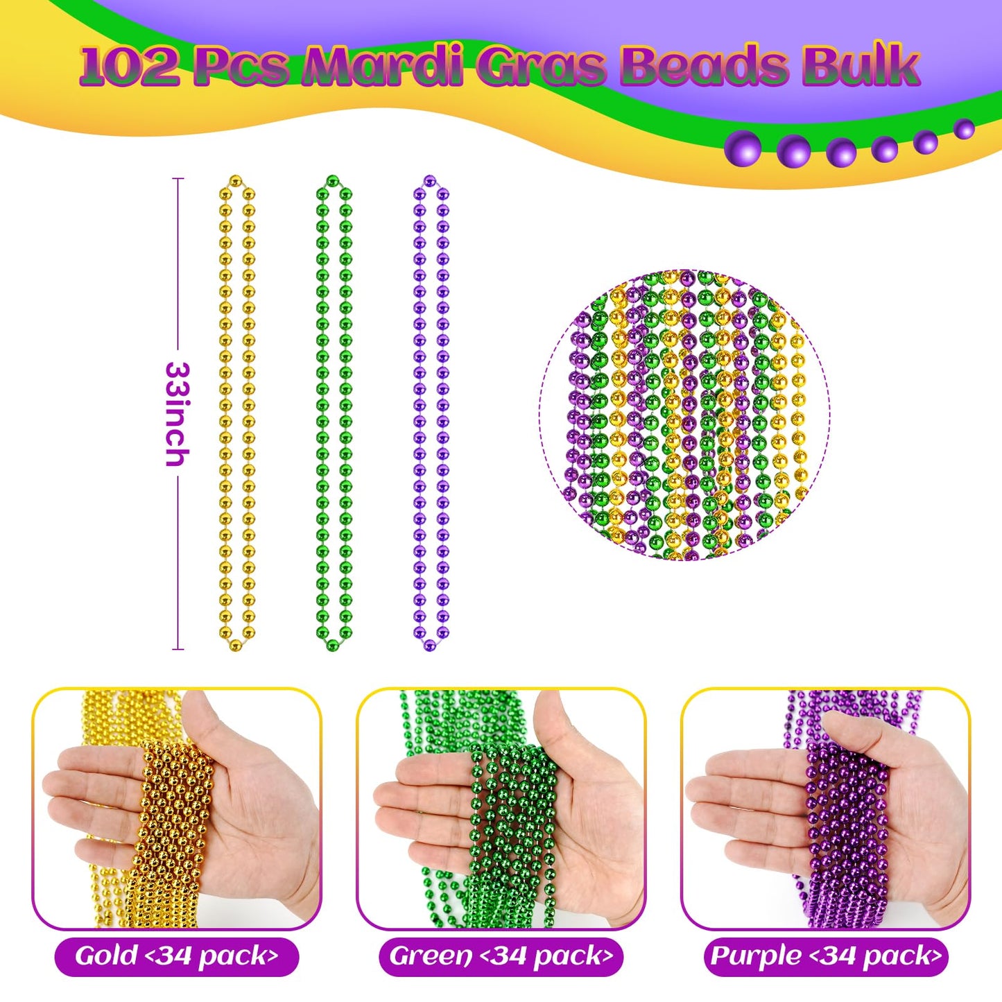 SHAOQINLIN 102 PCS Mardi Gras Beads – 33-inch Gold Green Purple Necklaces Bulk Parade Favors