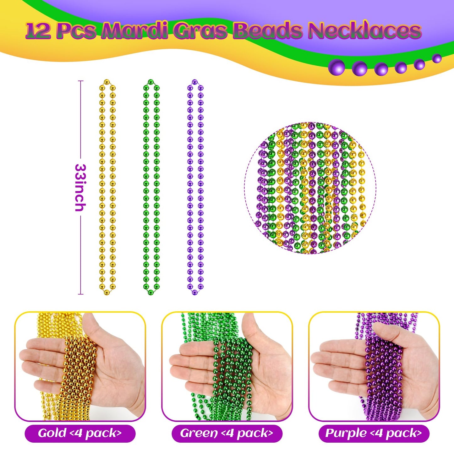 SHAOQINLIN 12 Pcs Mardi Gras Beads – 33in Gold Green Purple Necklaces for Parade Throws