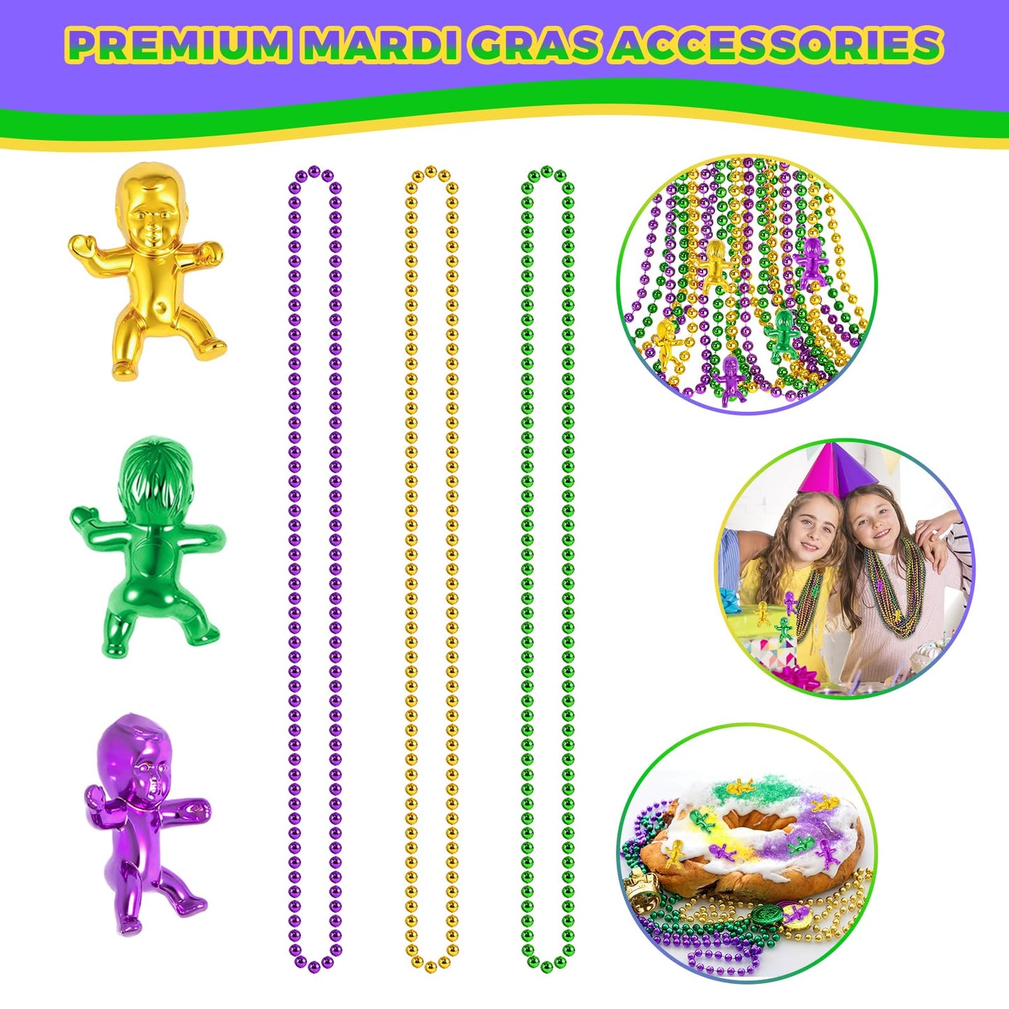 SHAOQINLIN Mardi Gras Beads & King Cake Babies Set – 33'' Necklaces + 12 Mini Babies
