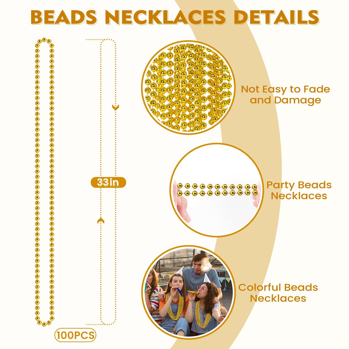 SHAOQINLIN 100 PCS Gold Bead Necklace - 33in Mardi Gras Beads for Parades & Festive Events