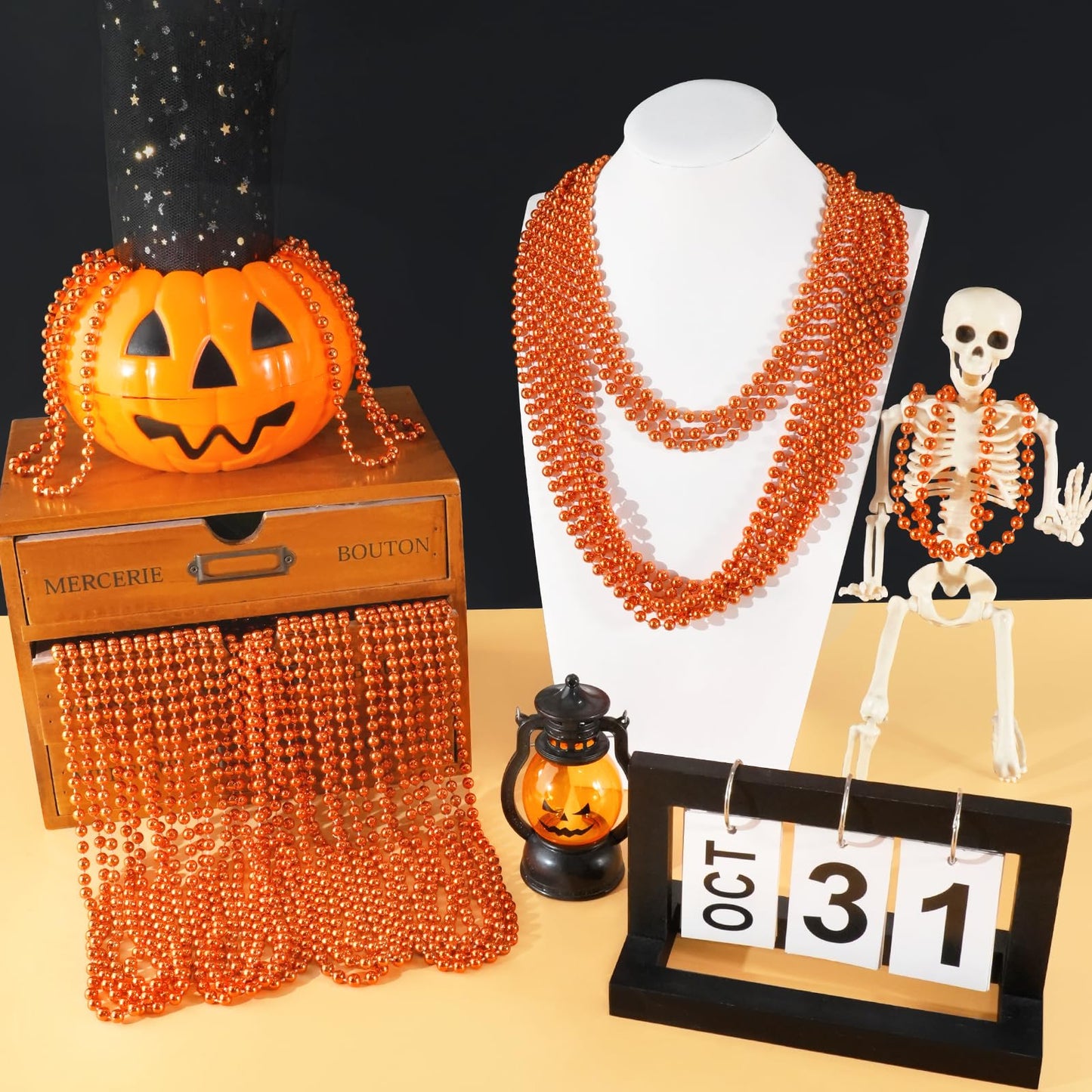 SHAOQINLIN 144 PCS Orange Bead Necklace Set — 33-Inch Mardi Gras & Halloween Beads