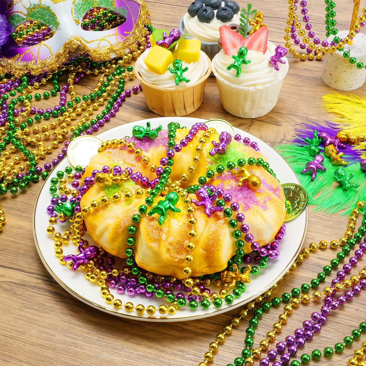 SHAOQINLIN Mardi Gras Beads & King Cake Babies Set – 33'' Necklaces + 12 Mini Babies