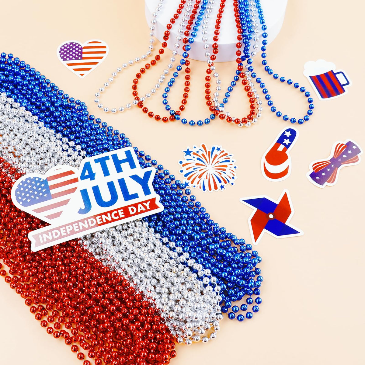 SHAOQINLIN 12-Pack Silver Mardi Gras Beads, 33-Inch Metallic Patriotic Necklaces – Parade & Holiday Favors