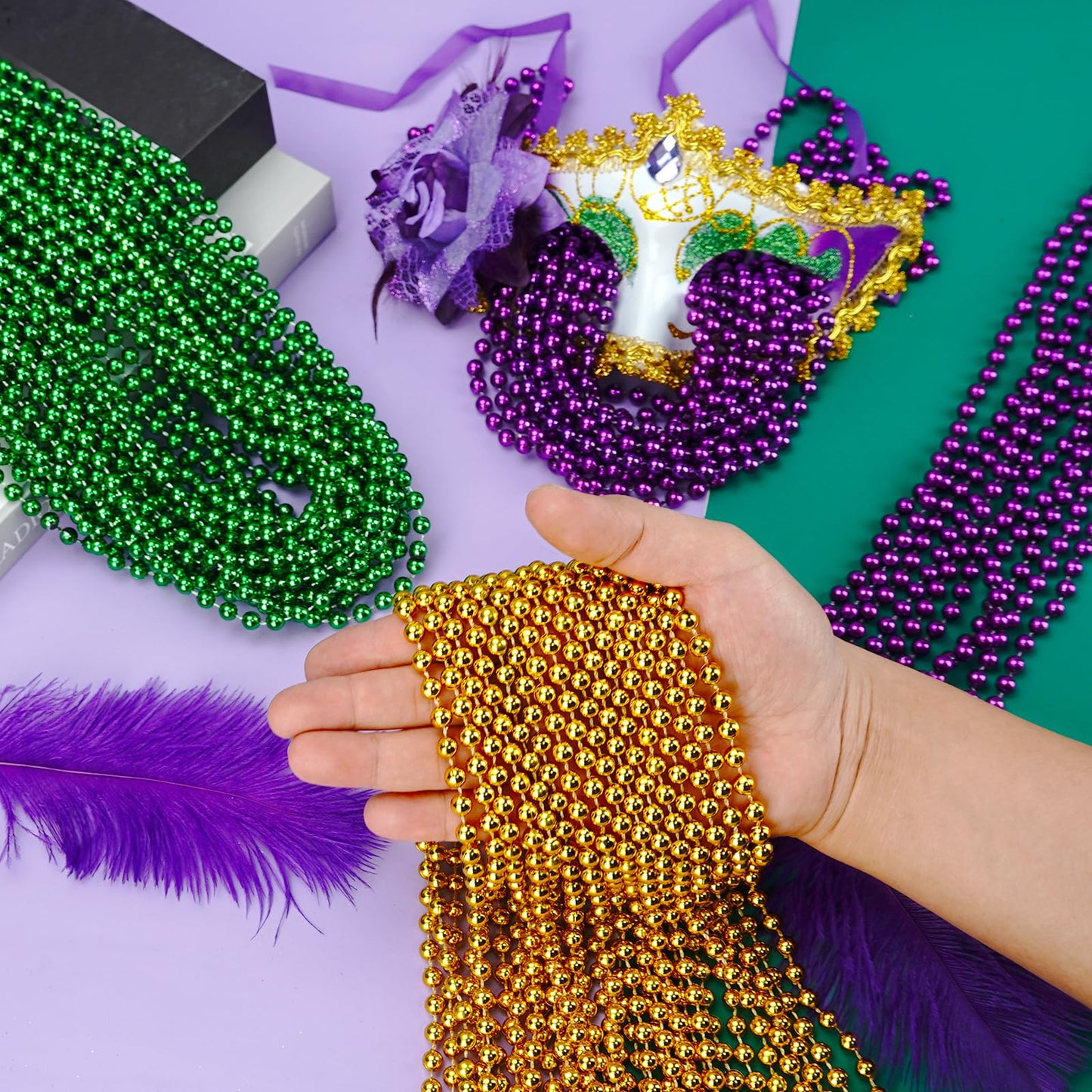 SHAOQINLIN 144 PCS Mardi Gras Beads Necklaces – 33-inch Gold, Green & Purple Bulk